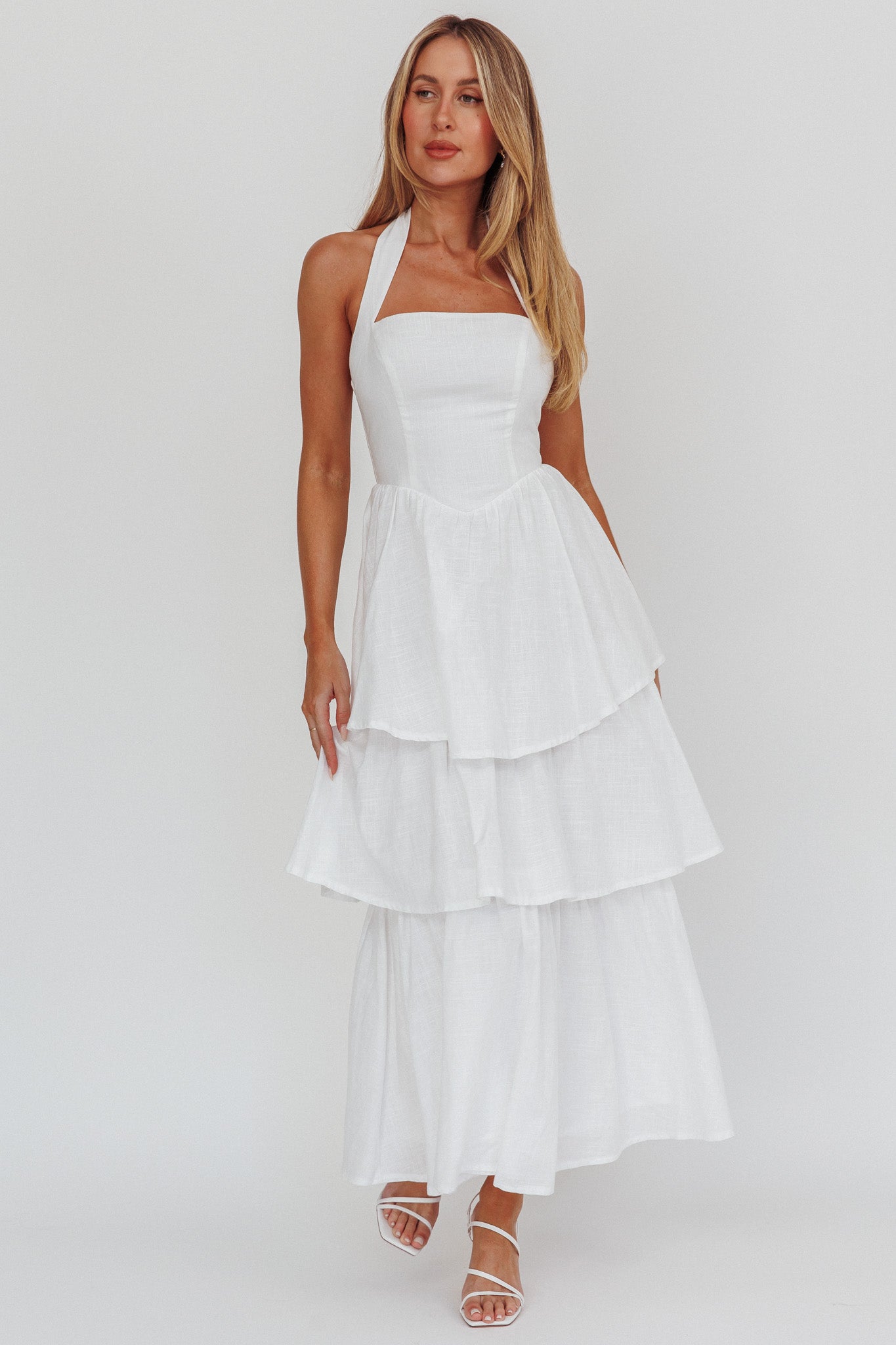 Shaya Tiered Ruffle Maxi Dress White by Selfie Leslie Australia