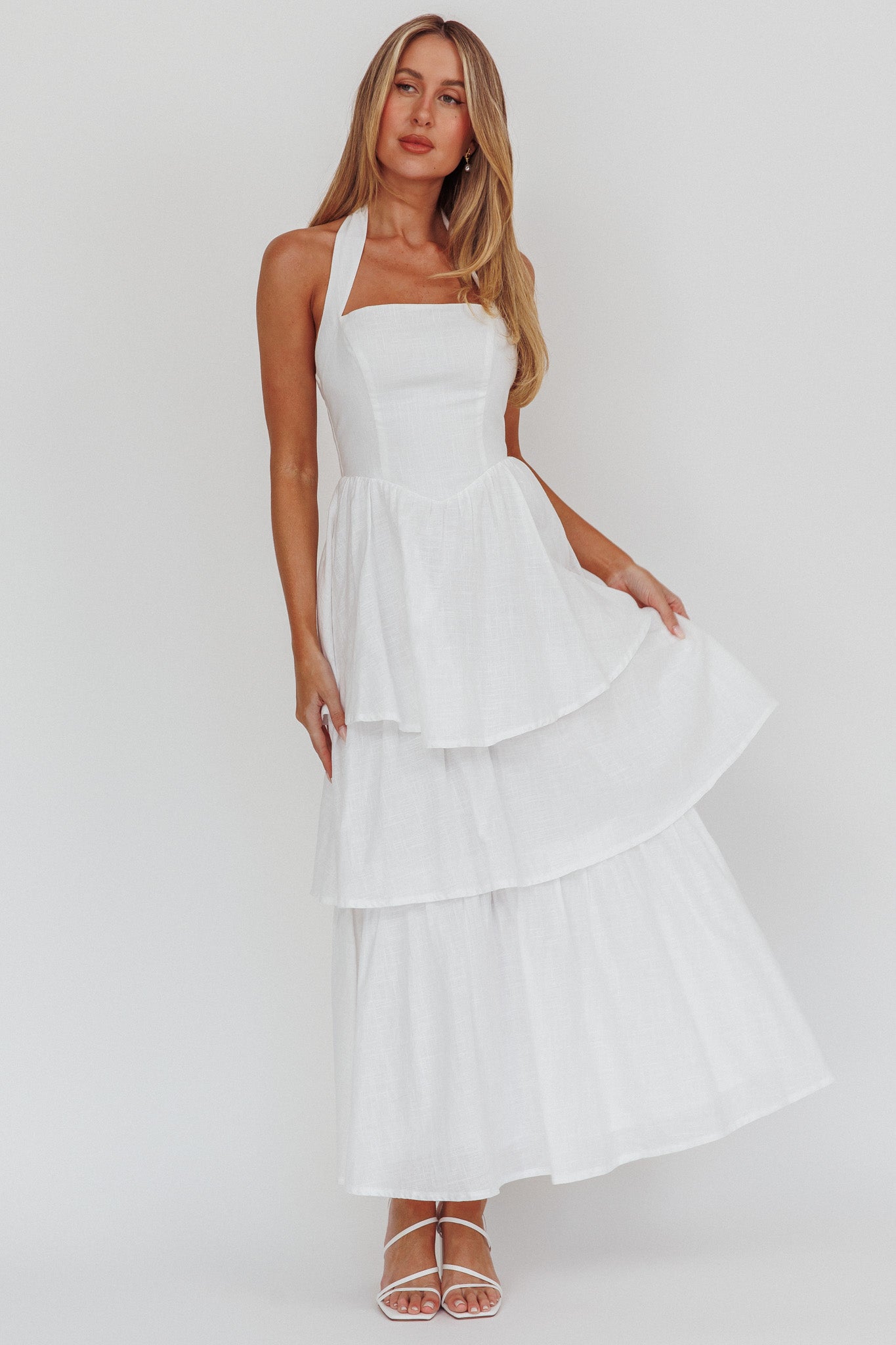 Shaya Tiered Ruffle Maxi Dress White by Selfie Leslie Australia