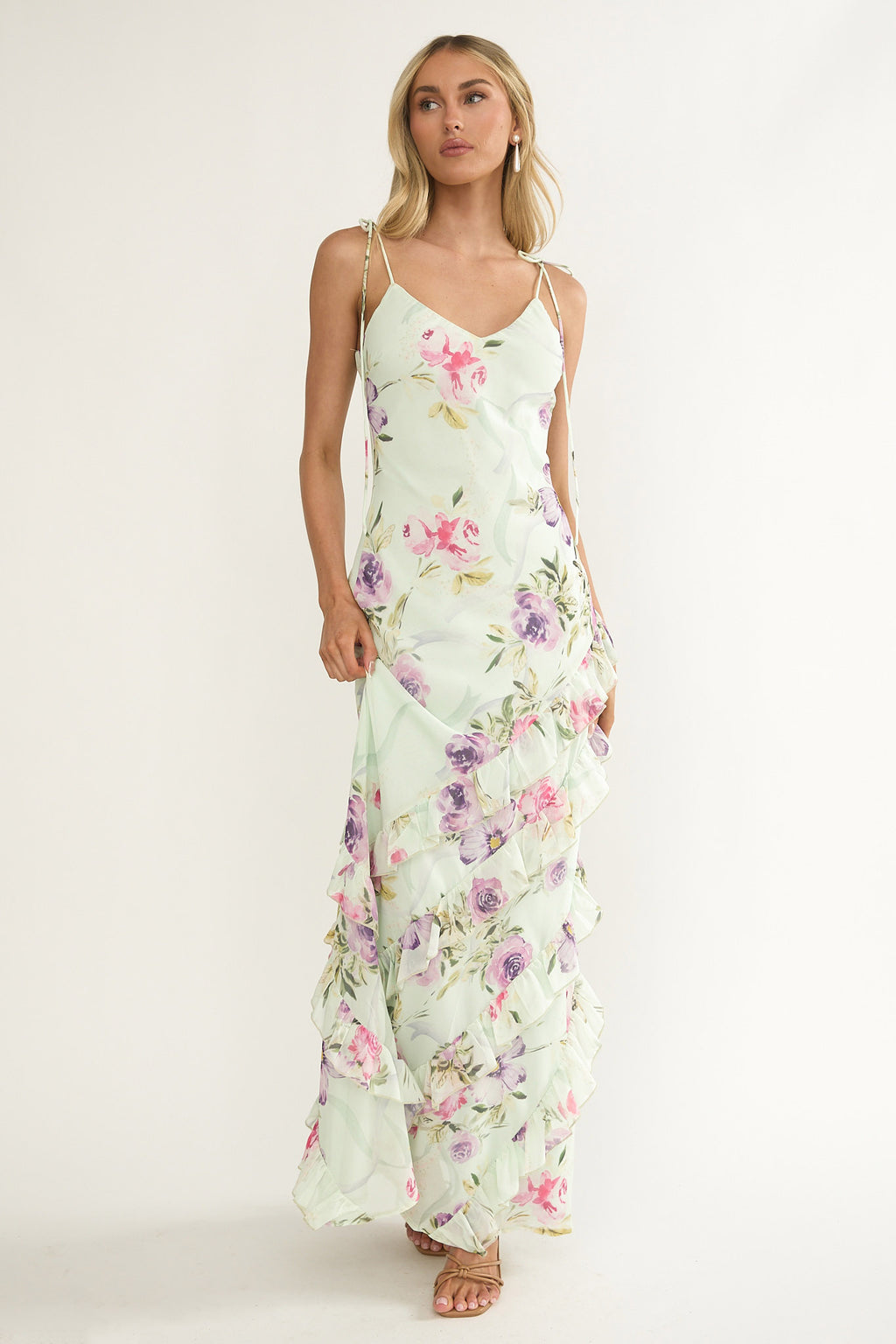 Dreamy Day Ruffle Trim Maxi Dress Mint Floral by Selfie Leslie Australia