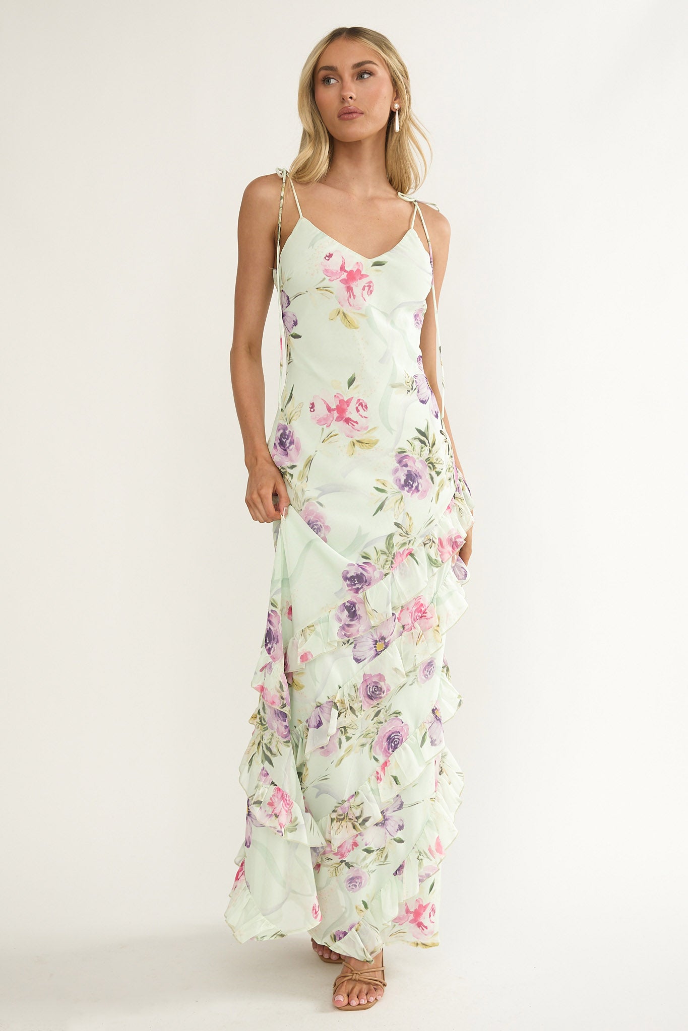 Dreamy Day Ruffle Trim Maxi Dress Mint Floral by Selfie Leslie Australia