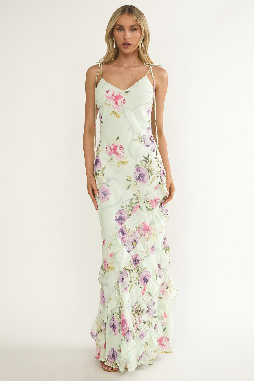 Dreamy Day Ruffle Trim Maxi Dress Mint Floral by Selfie Leslie Australia