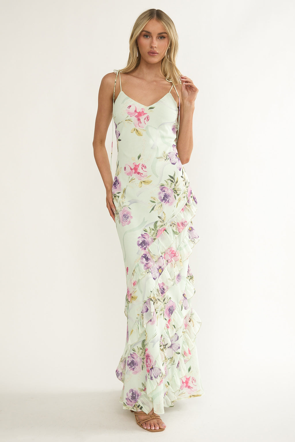 Dreamy Day Ruffle Trim Maxi Dress Mint Floral by Selfie Leslie Australia