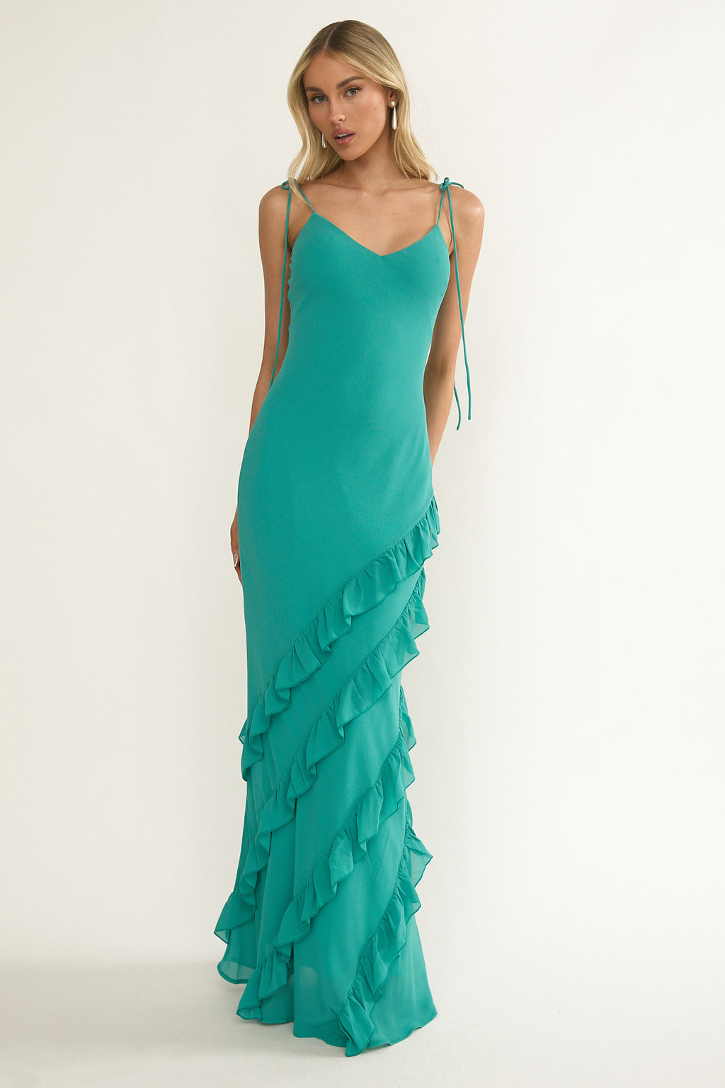Dreamy Day Ruffle Trim Maxi Dress Turquoise by Selfie Leslie Australia