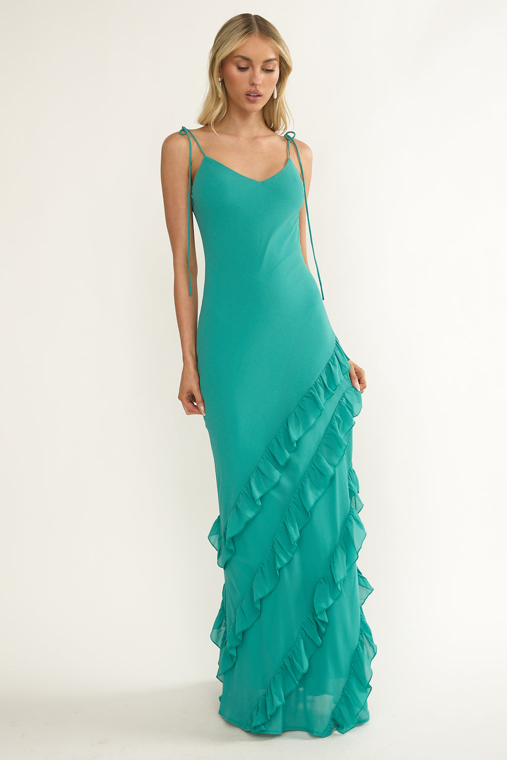 Dreamy Day Ruffle Trim Maxi Dress Turquoise by Selfie Leslie Australia