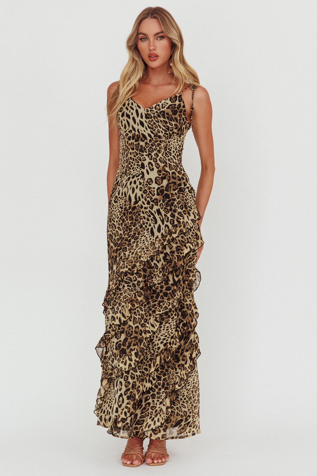 Dreamy Day Ruffle Trim Maxi Dress Leopard by Selfie Leslie Australia