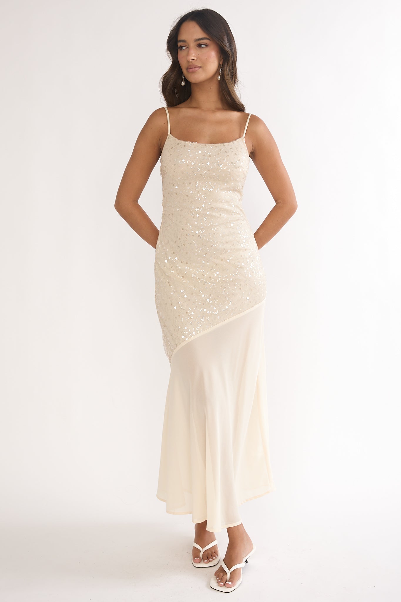 Gilded Dream Chiffon Hem Maxi Dress Sequin Oyster by Selfie Leslie Australia