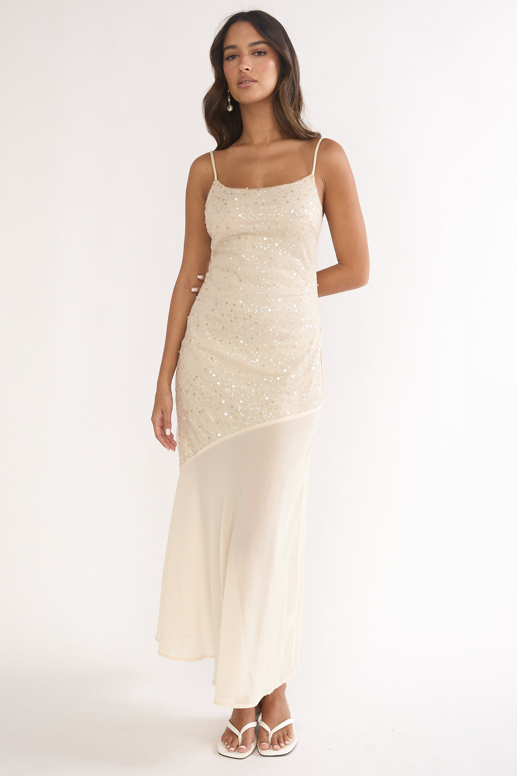 Gilded Dream Chiffon Hem Maxi Dress Sequin Oyster by Selfie Leslie Australia