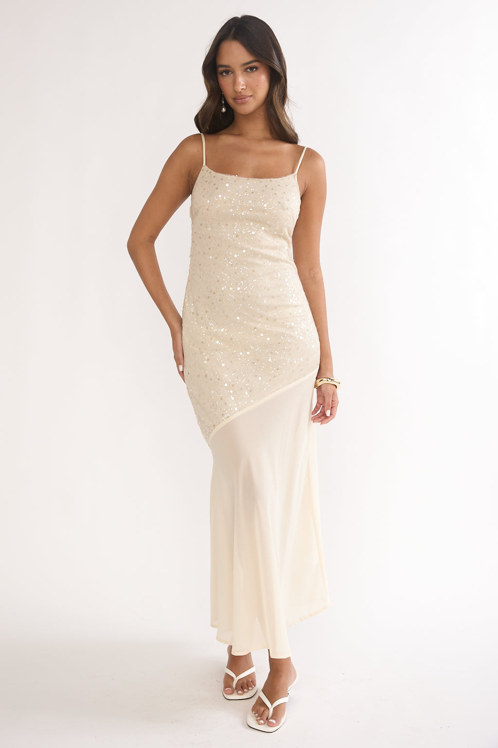 Gilded Dream Chiffon Hem Maxi Dress Sequin Oyster by Selfie Leslie Australia