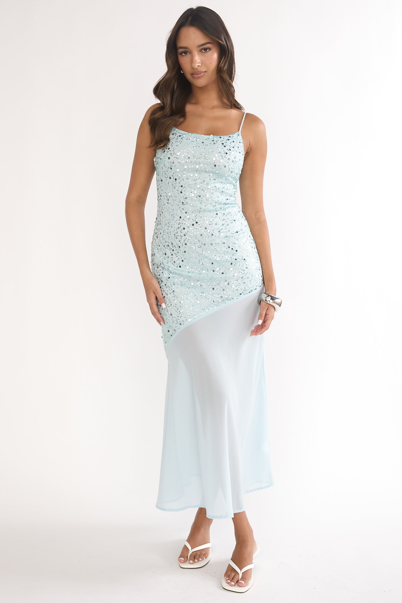 Gilded Dream Chiffon Hem Maxi Dress Sequin Sage by Selfie Leslie Australia