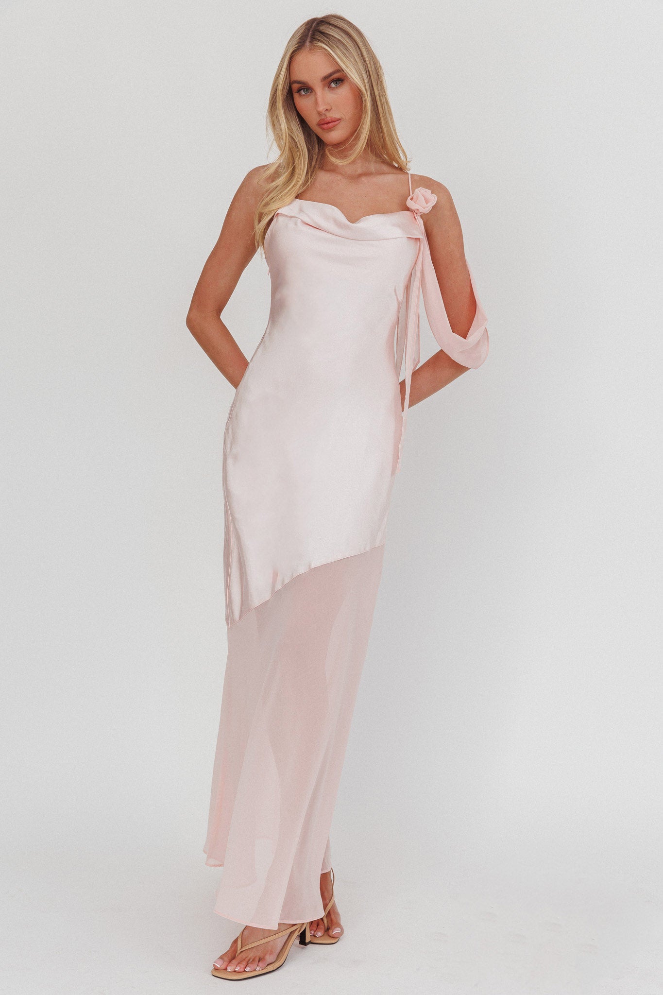 Gilded Dream Shoulder Detail Chiffon Hem Maxi Dress Blush by Selfie Leslie Australia