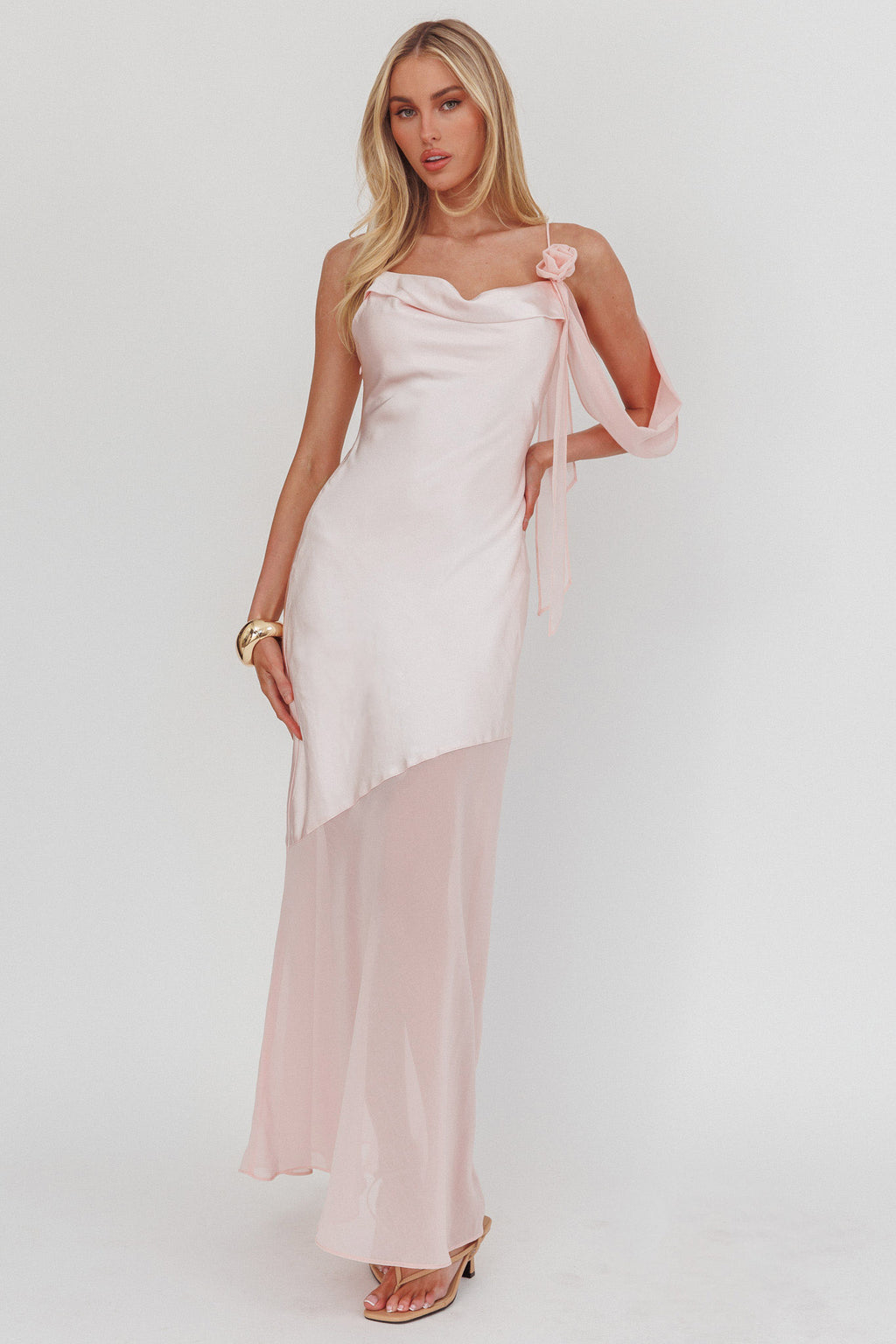 Gilded Dream Shoulder Detail Chiffon Hem Maxi Dress Blush by Selfie Leslie Australia