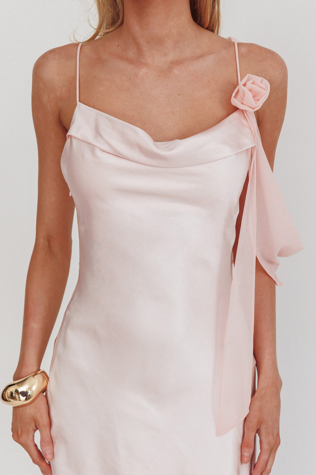Gilded Dream Shoulder Detail Chiffon Hem Maxi Dress Blush by Selfie Leslie Australia