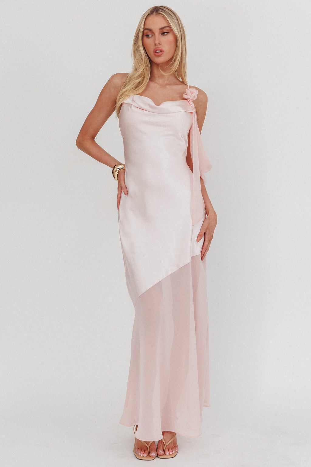 Gilded Dream Shoulder Detail Chiffon Hem Maxi Dress Blush by Selfie Leslie Australia