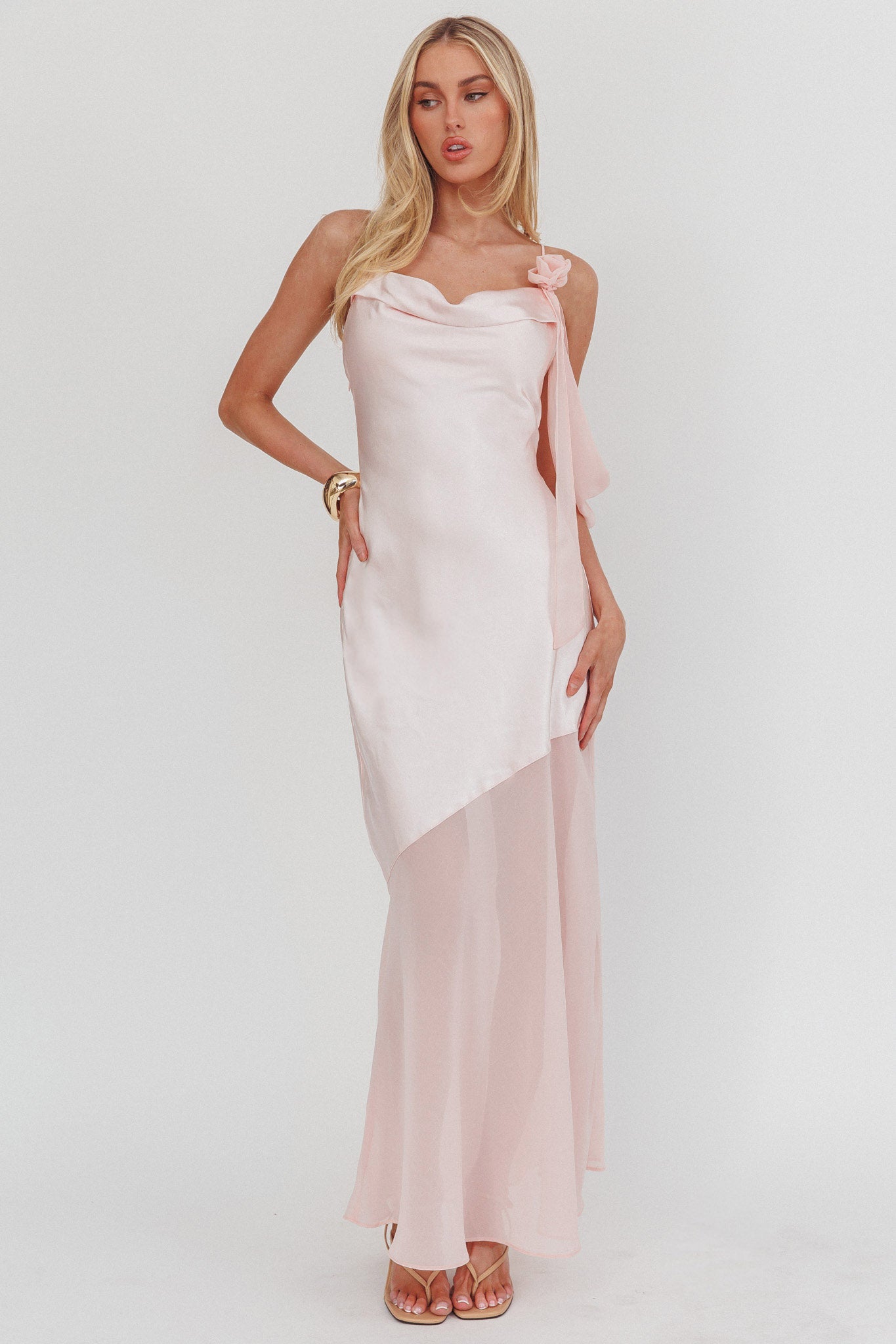 Gilded Dream Shoulder Detail Chiffon Hem Maxi Dress Blush by Selfie Leslie Australia