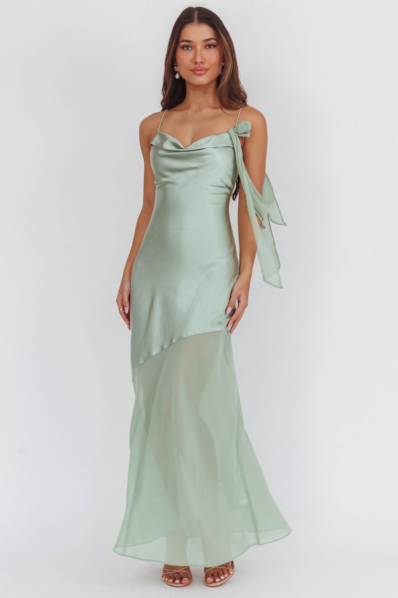 Gilded Dream Shoulder Detail Chiffon Hem Maxi Dress Sage by Selfie Leslie Australia