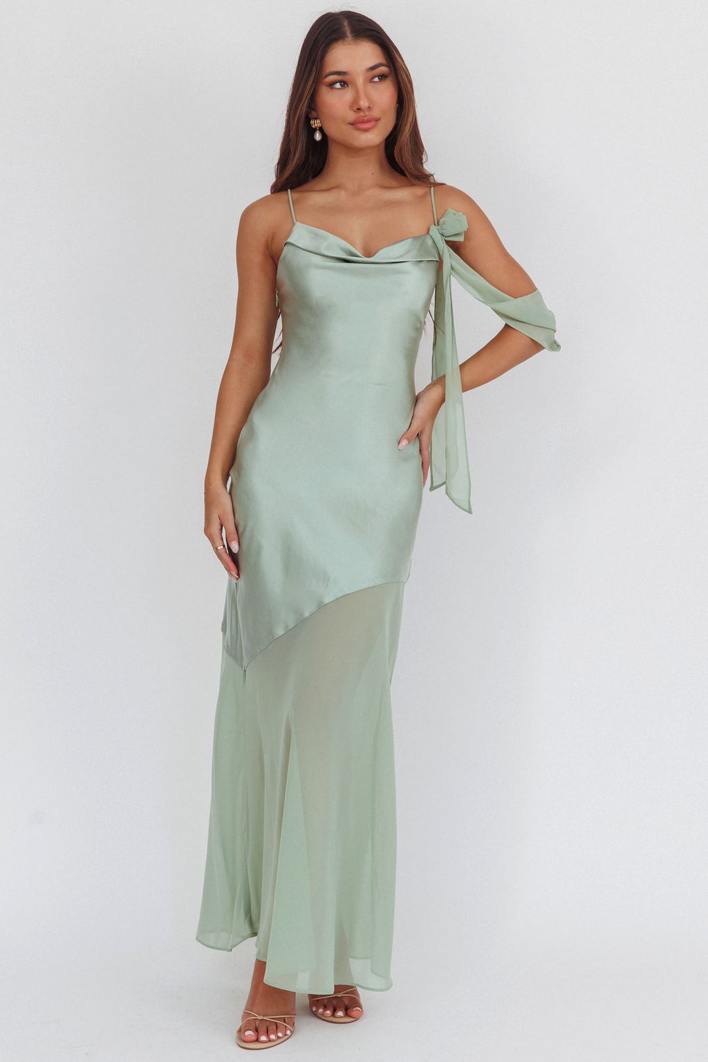Gilded Dream Shoulder Detail Chiffon Hem Maxi Dress Sage by Selfie Leslie Australia