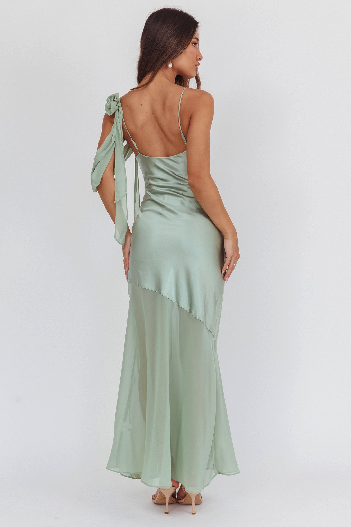 Gilded Dream Shoulder Detail Chiffon Hem Maxi Dress Sage by Selfie Leslie Australia