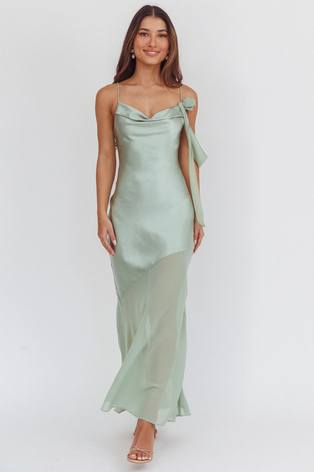 Gilded Dream Shoulder Detail Chiffon Hem Maxi Dress Sage by Selfie Leslie Australia