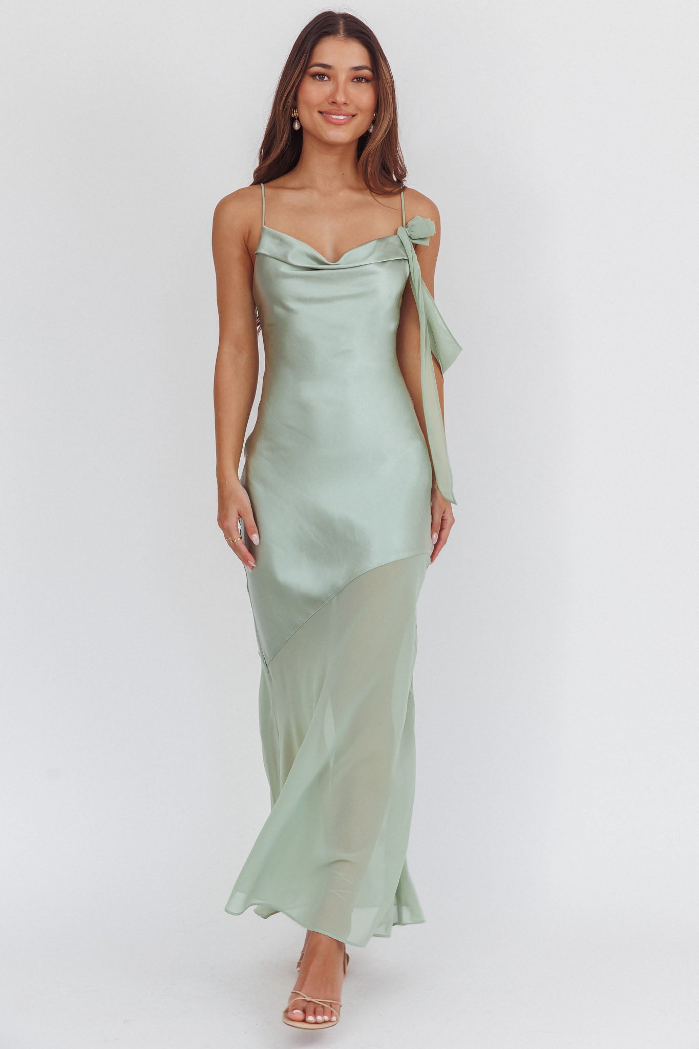 Gilded Dream Shoulder Detail Chiffon Hem Maxi Dress Sage by Selfie Leslie Australia