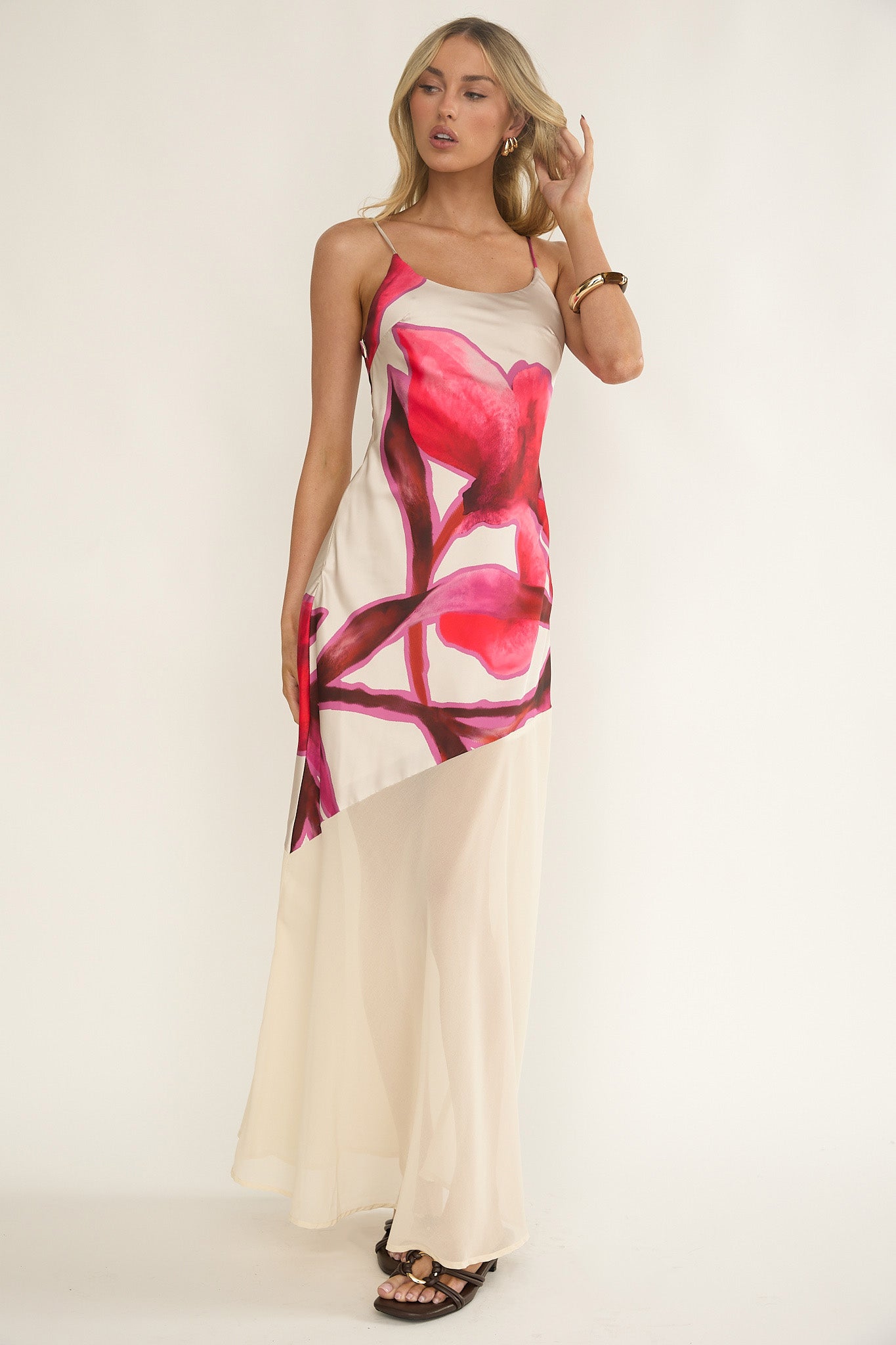 Gilded Dream Chiffon Hem Maxi Dress Print Beige by Selfie Leslie Australia