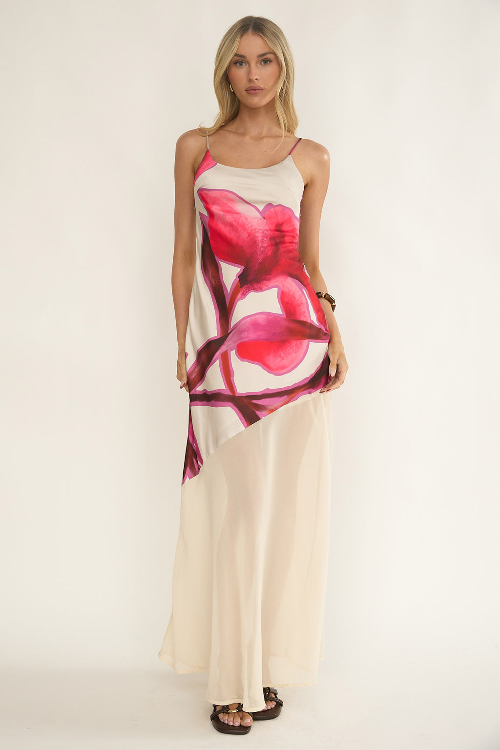 Gilded Dream Chiffon Hem Maxi Dress Print Beige by Selfie Leslie Australia