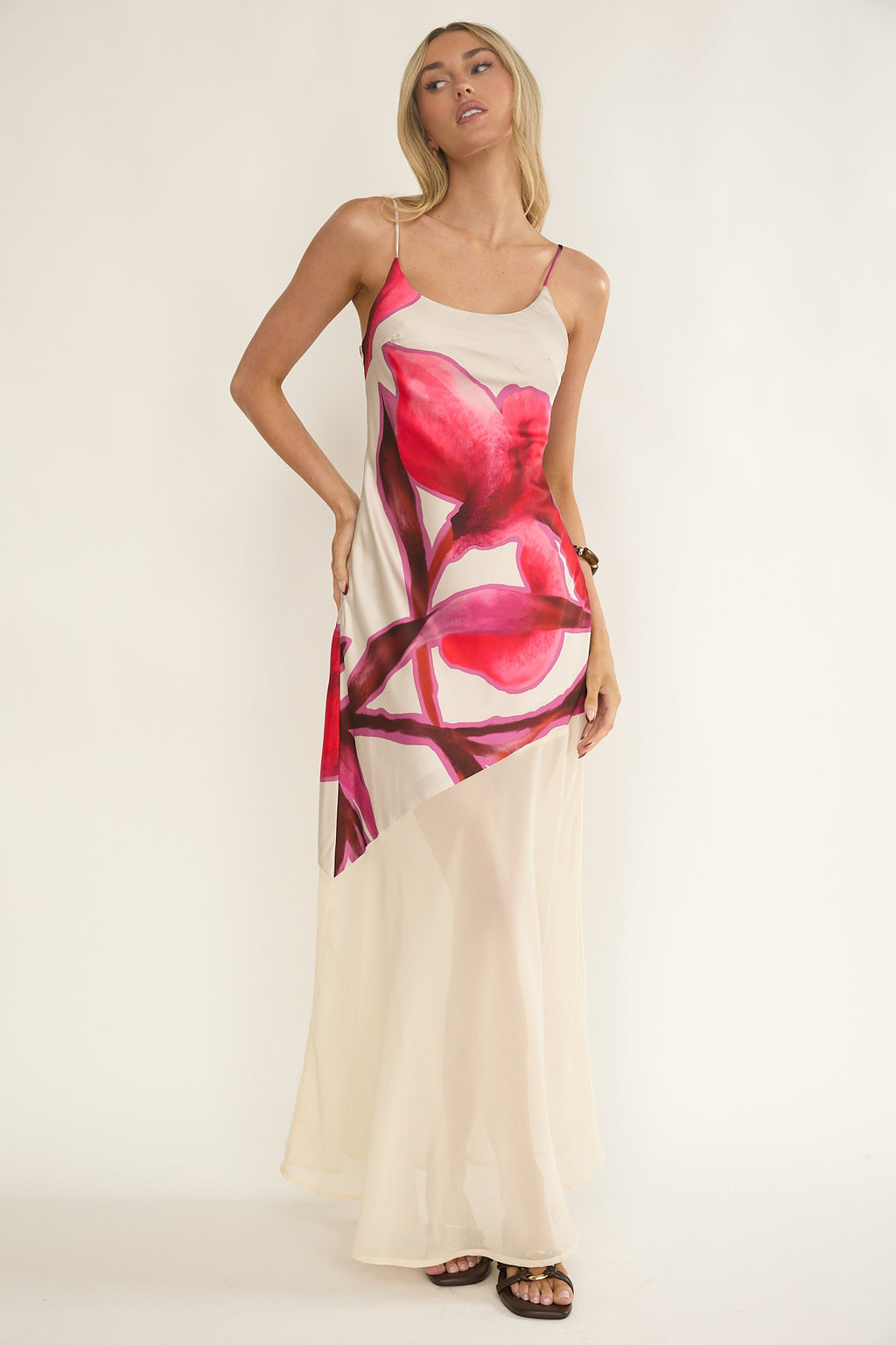 Gilded Dream Chiffon Hem Maxi Dress Print Beige by Selfie Leslie Australia