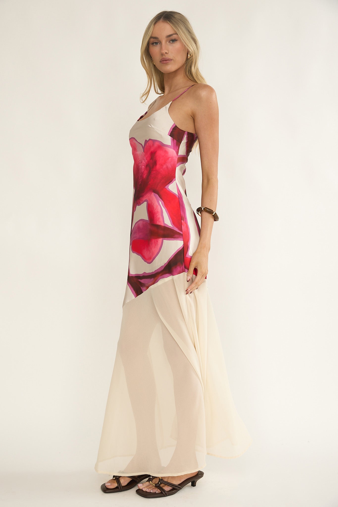 Gilded Dream Chiffon Hem Maxi Dress Print Beige by Selfie Leslie Australia