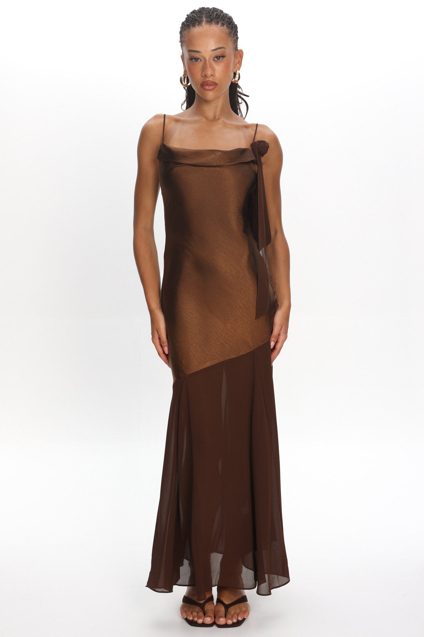 Gilded Dream Shoulder Detail Chiffon Hem Maxi Dress Chocolate by Selfie Leslie Australia