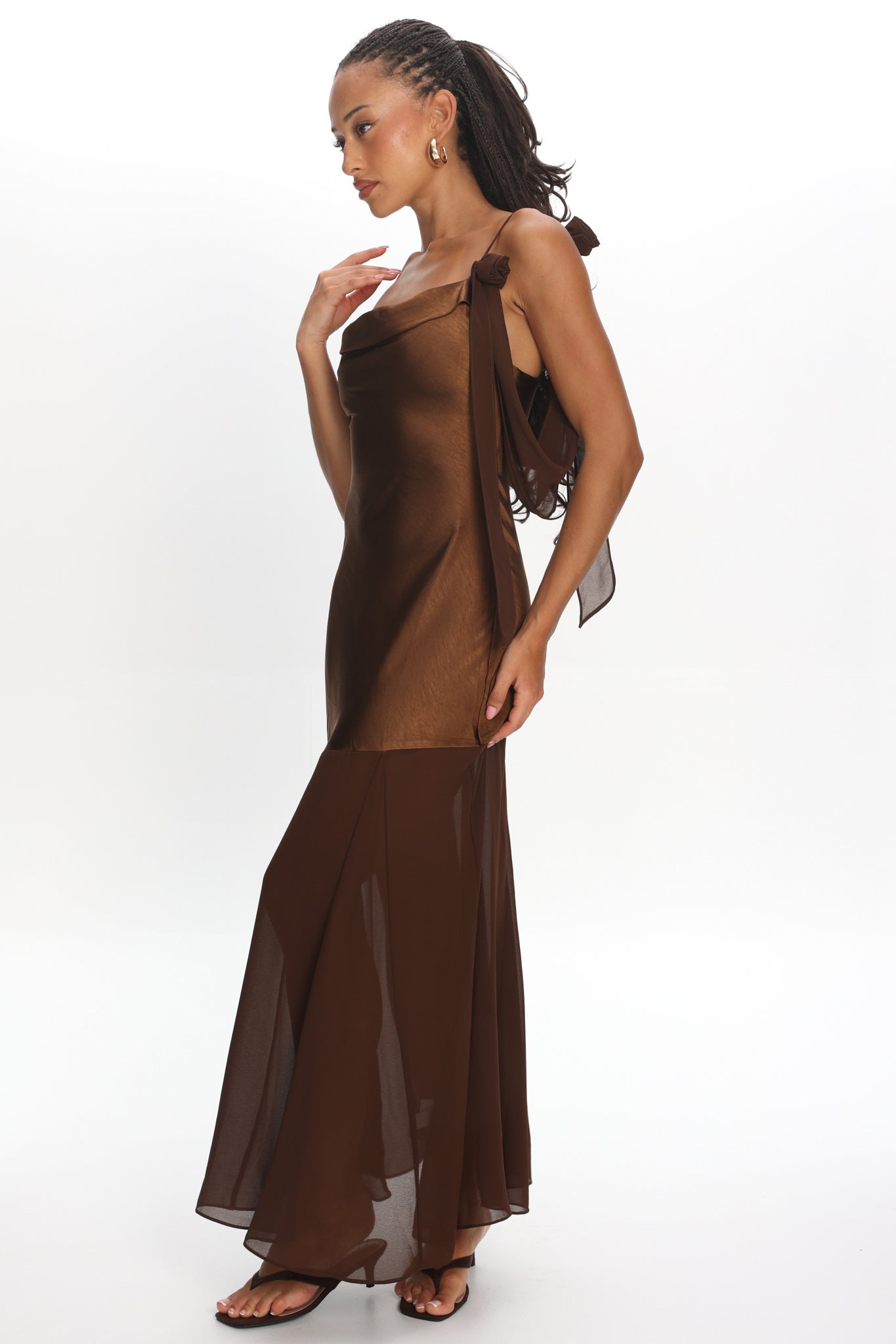 Gilded Dream Shoulder Detail Chiffon Hem Maxi Dress Chocolate by Selfie Leslie Australia