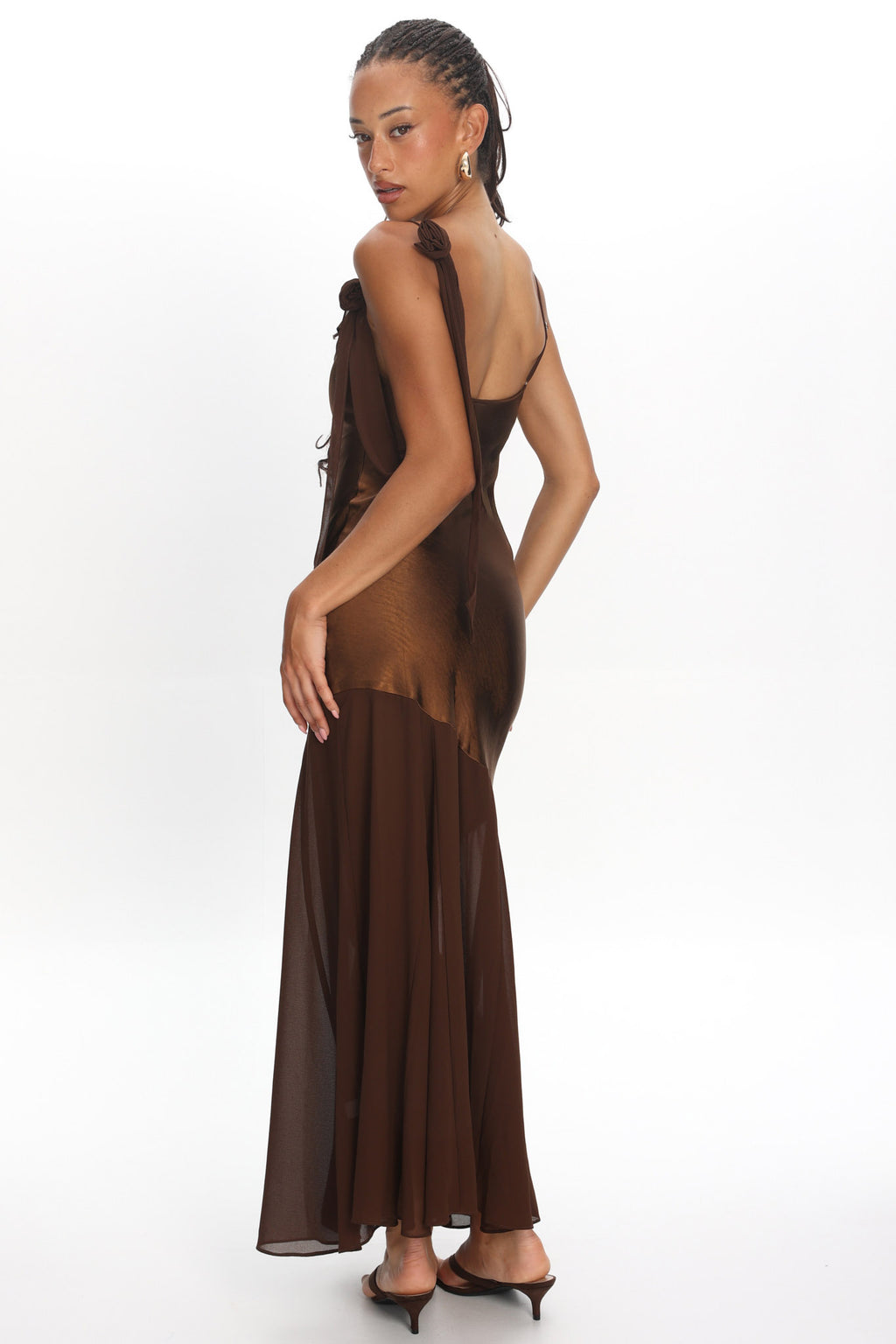 Gilded Dream Shoulder Detail Chiffon Hem Maxi Dress Chocolate by Selfie Leslie Australia