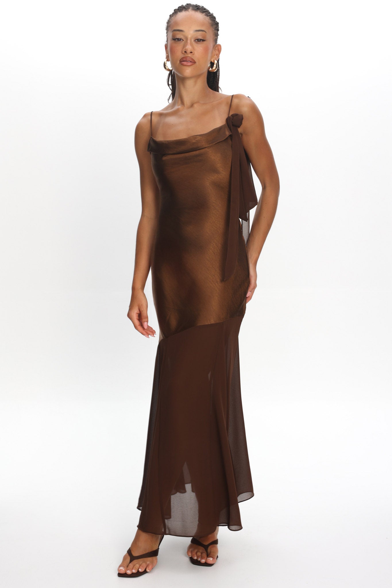 Gilded Dream Shoulder Detail Chiffon Hem Maxi Dress Chocolate by Selfie Leslie Australia