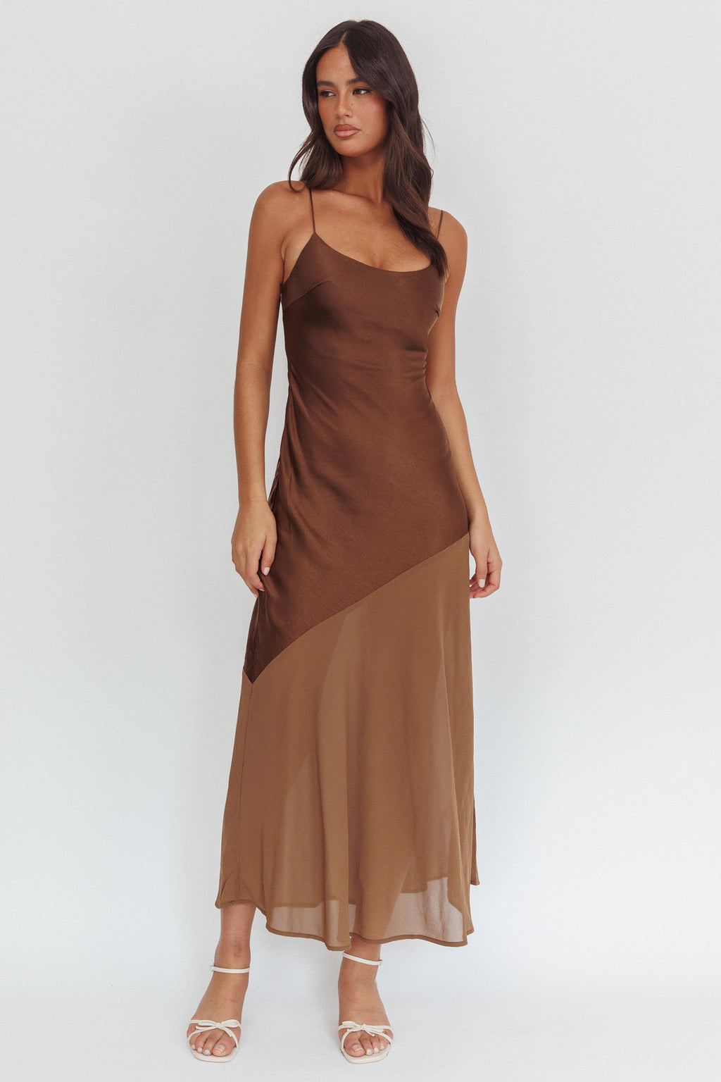 Gilded Dream Chiffon Hem Maxi Dress Chocolate by Selfie Leslie Australia