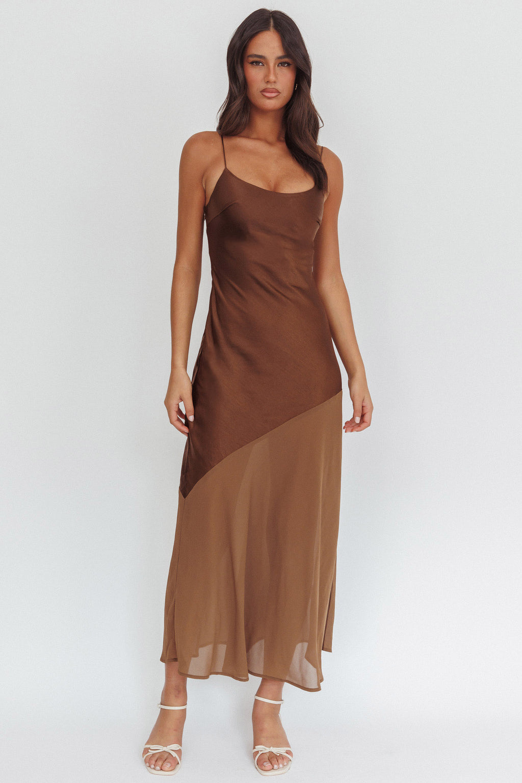 Gilded Dream Chiffon Hem Maxi Dress Chocolate by Selfie Leslie Australia
