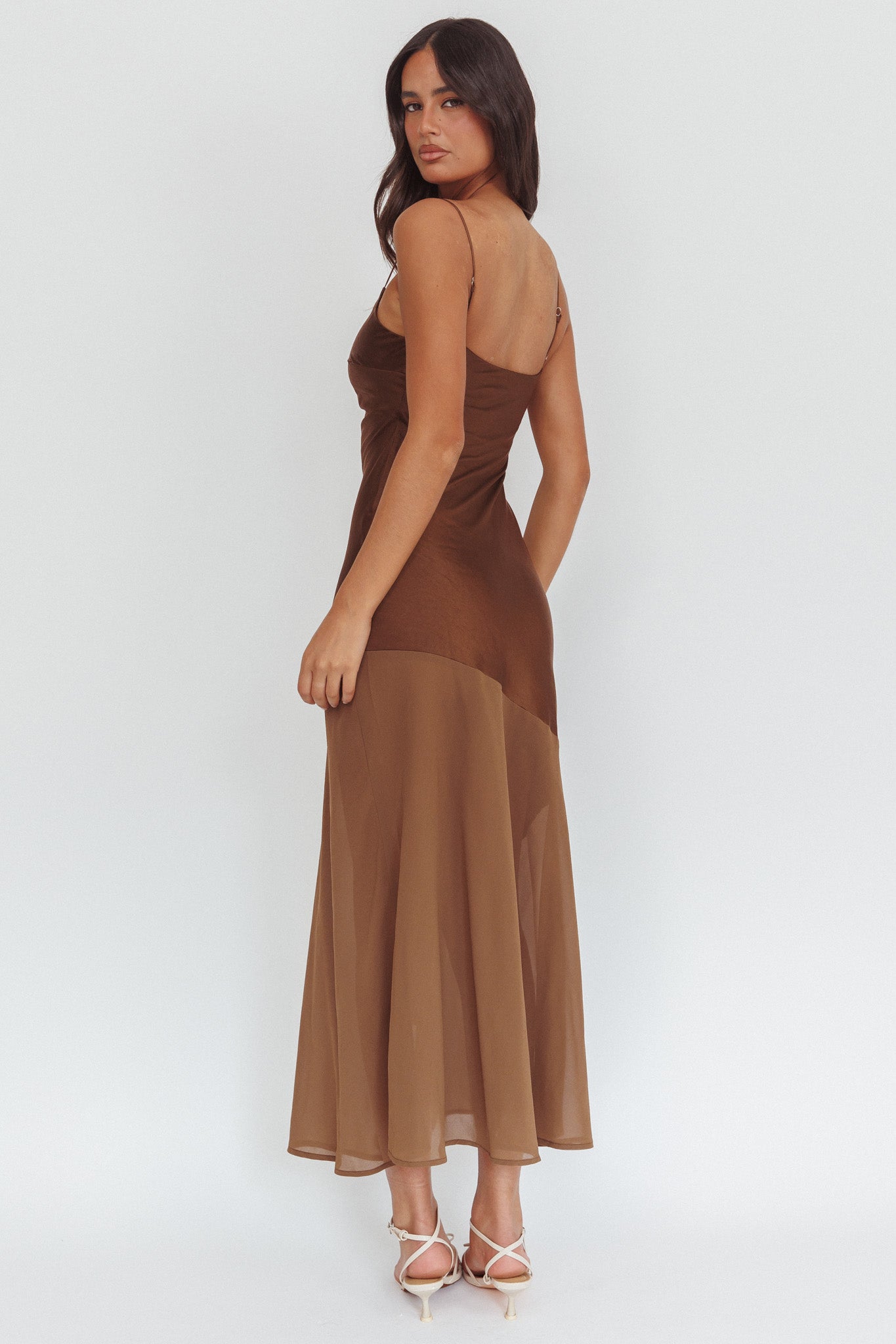Gilded Dream Chiffon Hem Maxi Dress Chocolate by Selfie Leslie Australia