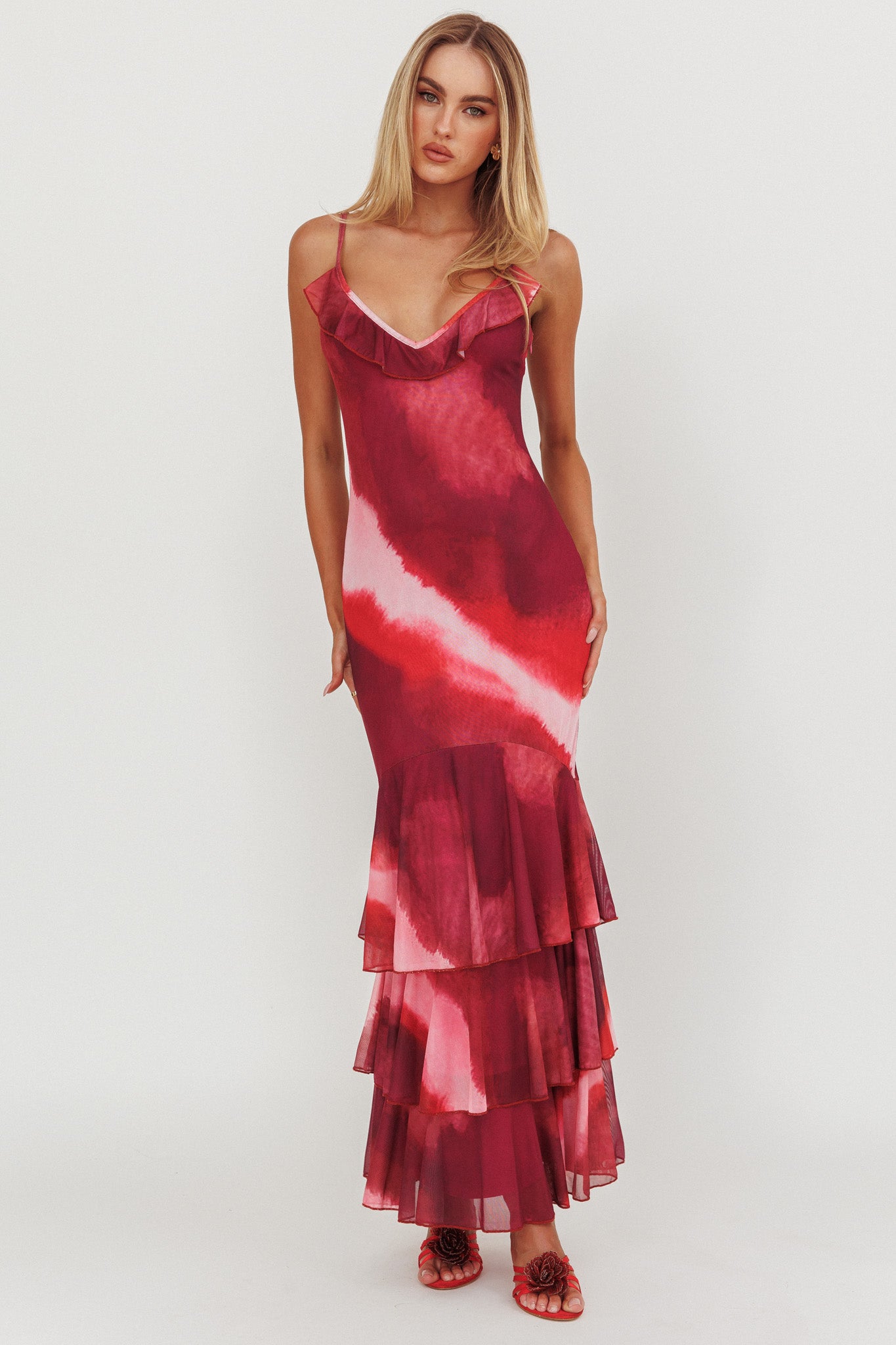Oskar Tiered Ruffle Hem Mermaid Maxi Dress Pink by Selfie Leslie Australia