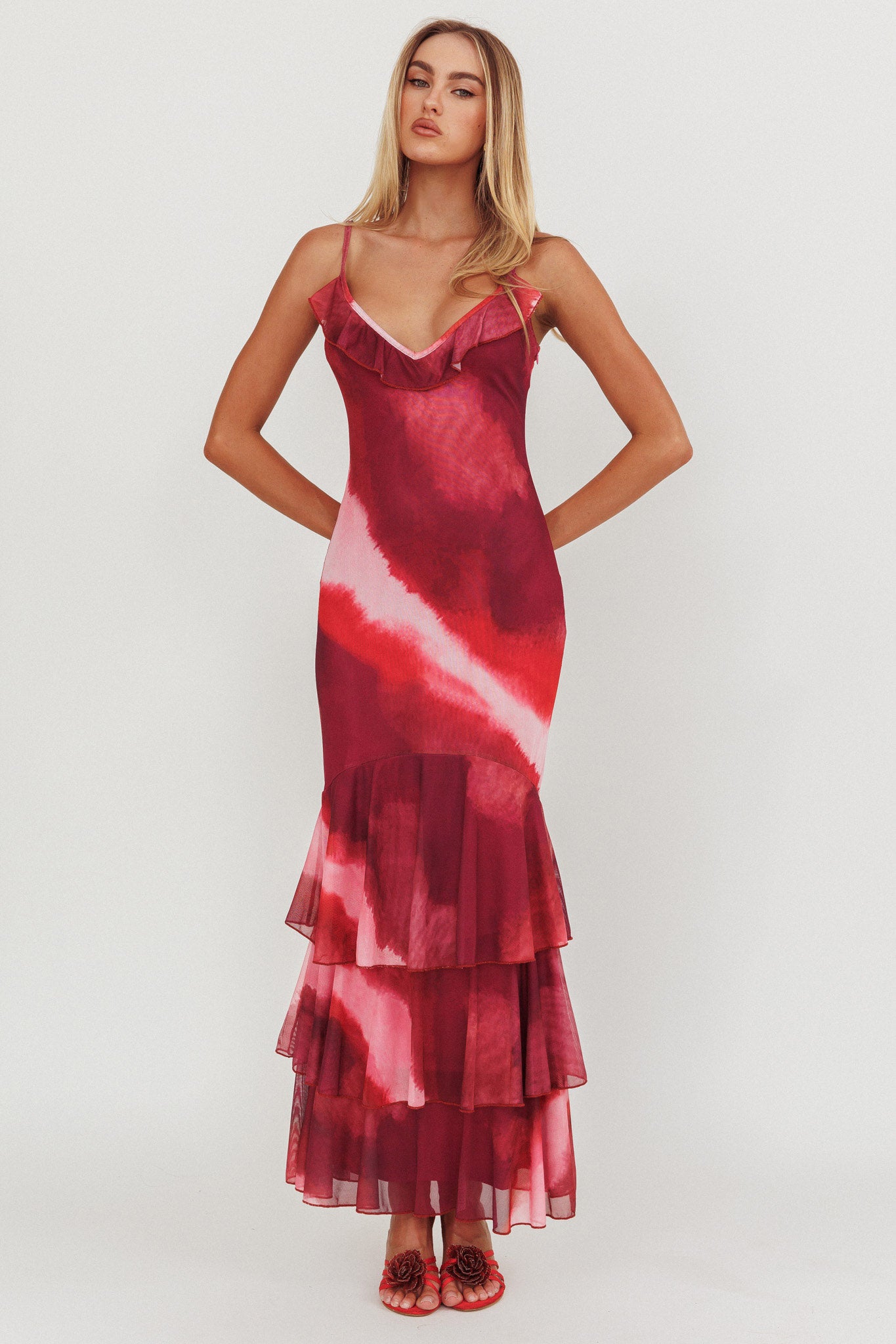 Oskar Tiered Ruffle Hem Mermaid Maxi Dress Pink by Selfie Leslie Australia
