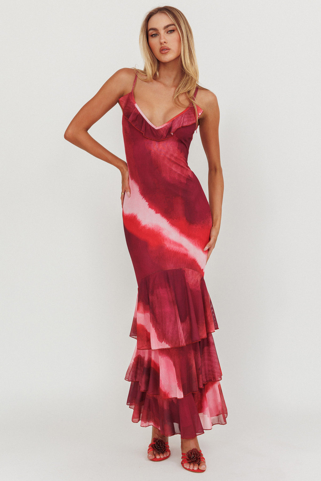 Oskar Tiered Ruffle Hem Mermaid Maxi Dress Pink by Selfie Leslie Australia