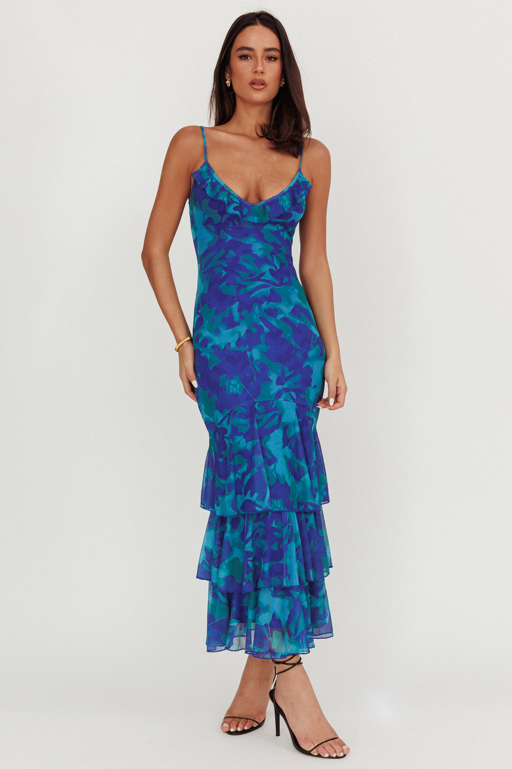 Oskar Tiered Ruffle Hem Mermaid Maxi Dress Abstract Blue by Selfie Leslie Australia