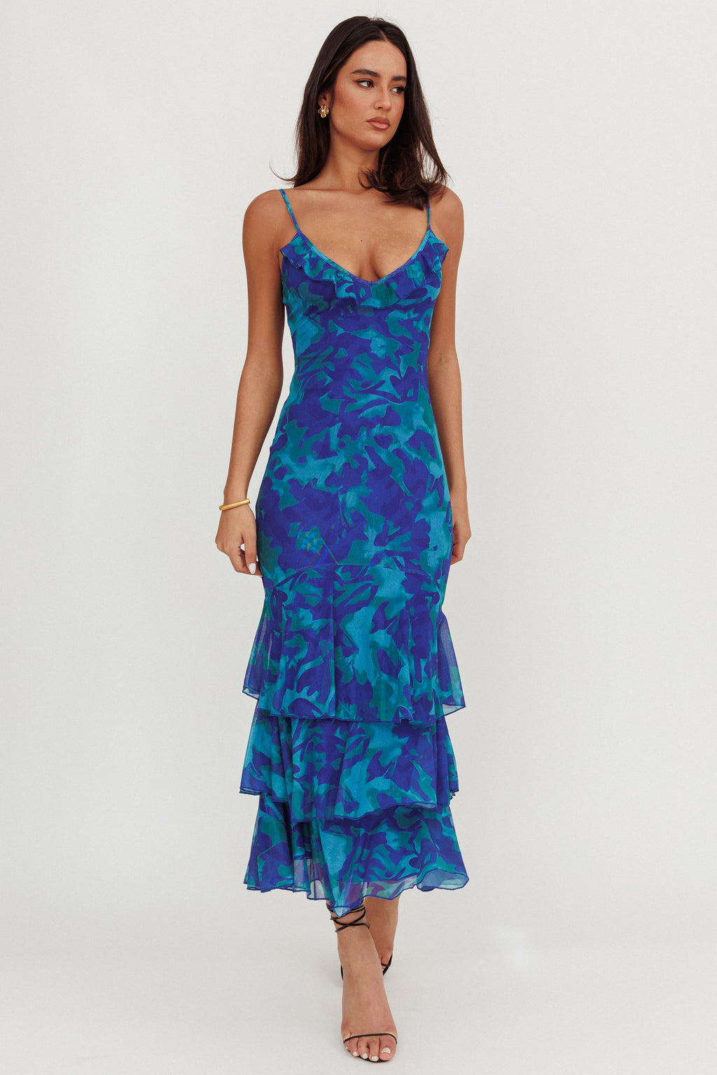 Oskar Tiered Ruffle Hem Mermaid Maxi Dress Abstract Blue by Selfie Leslie Australia