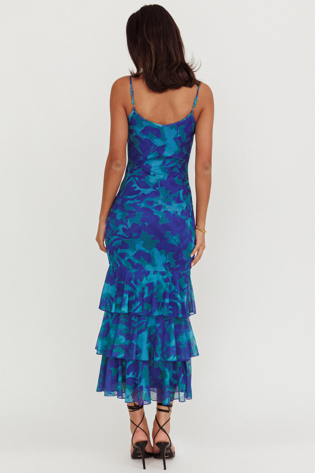 Oskar Tiered Ruffle Hem Mermaid Maxi Dress Abstract Blue by Selfie Leslie Australia