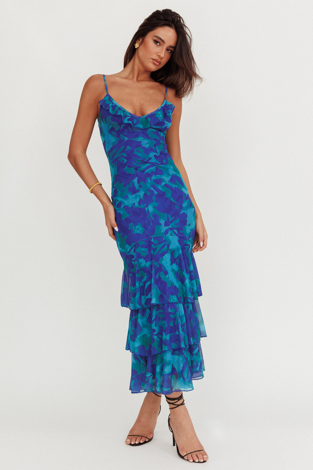 Oskar Tiered Ruffle Hem Mermaid Maxi Dress Abstract Blue by Selfie Leslie Australia