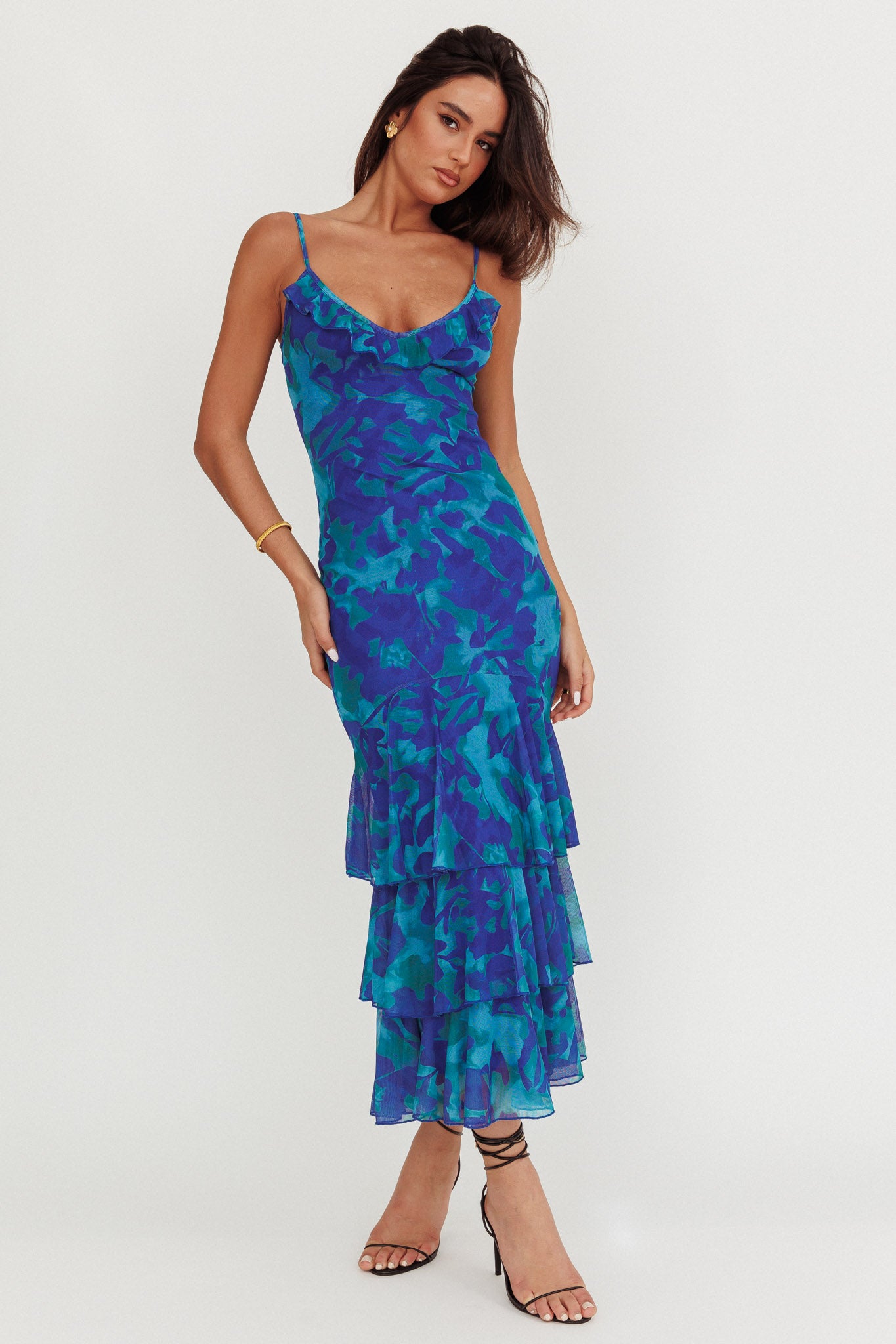 Oskar Tiered Ruffle Hem Mermaid Maxi Dress Abstract Blue by Selfie Leslie Australia