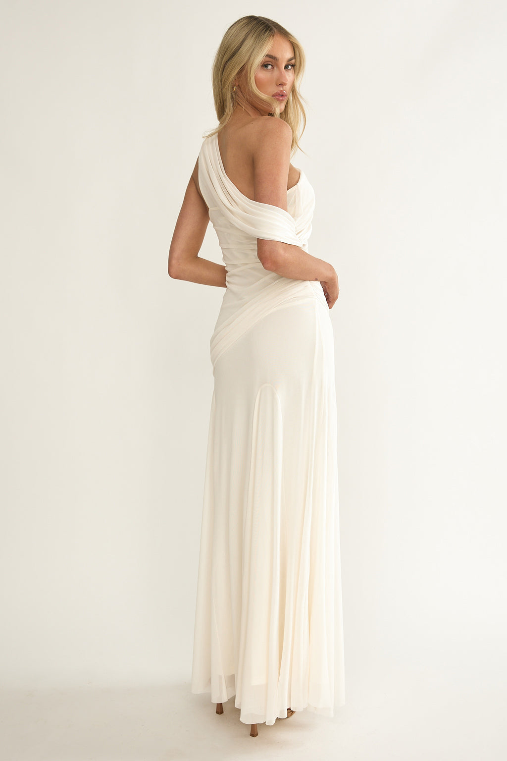 Anaisa Asymmetric Neckline Draped Maxi Dress Oyster by Selfie Leslie Australia