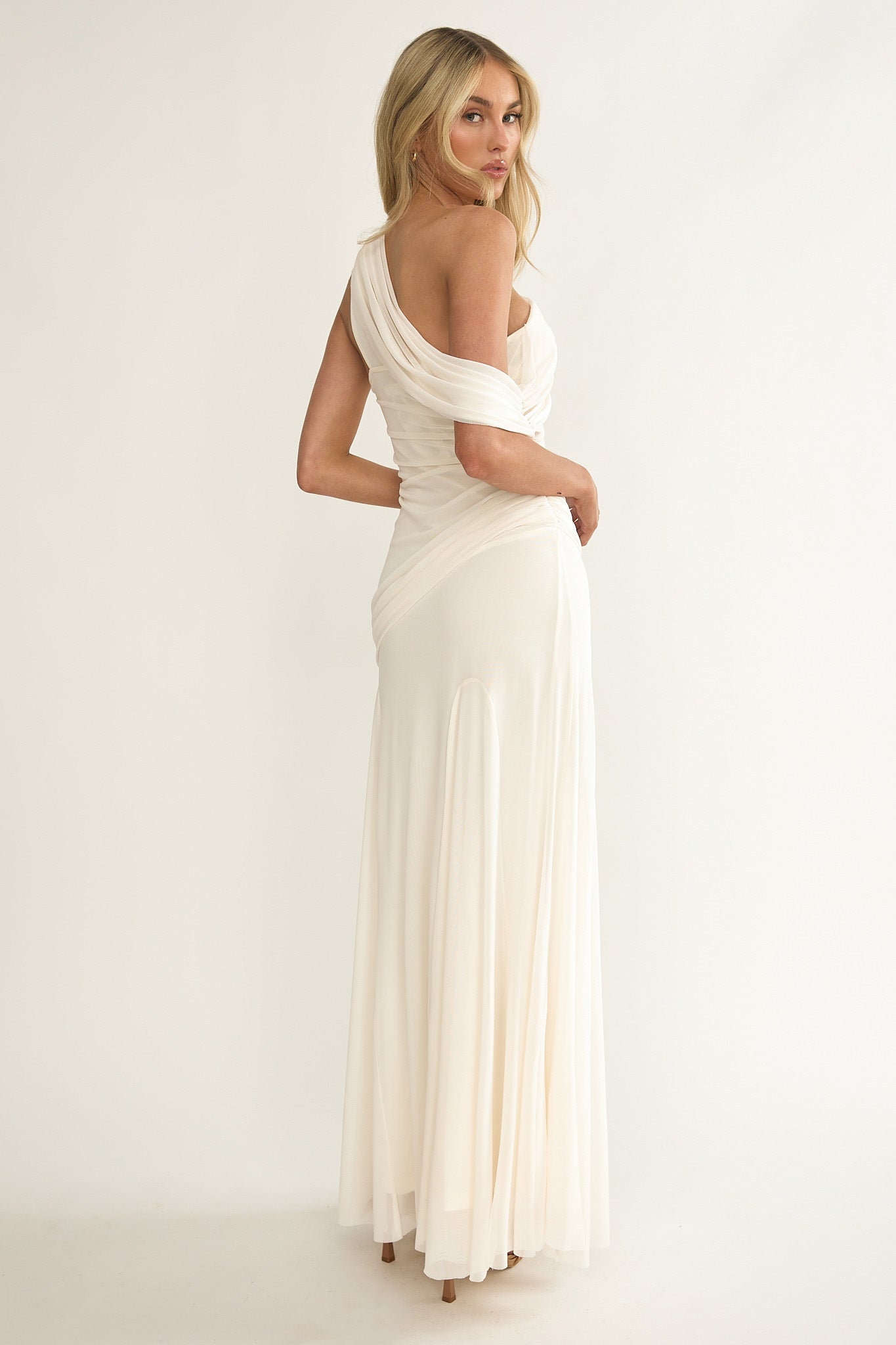 Anaisa Asymmetric Neckline Draped Maxi Dress Oyster by Selfie Leslie Australia