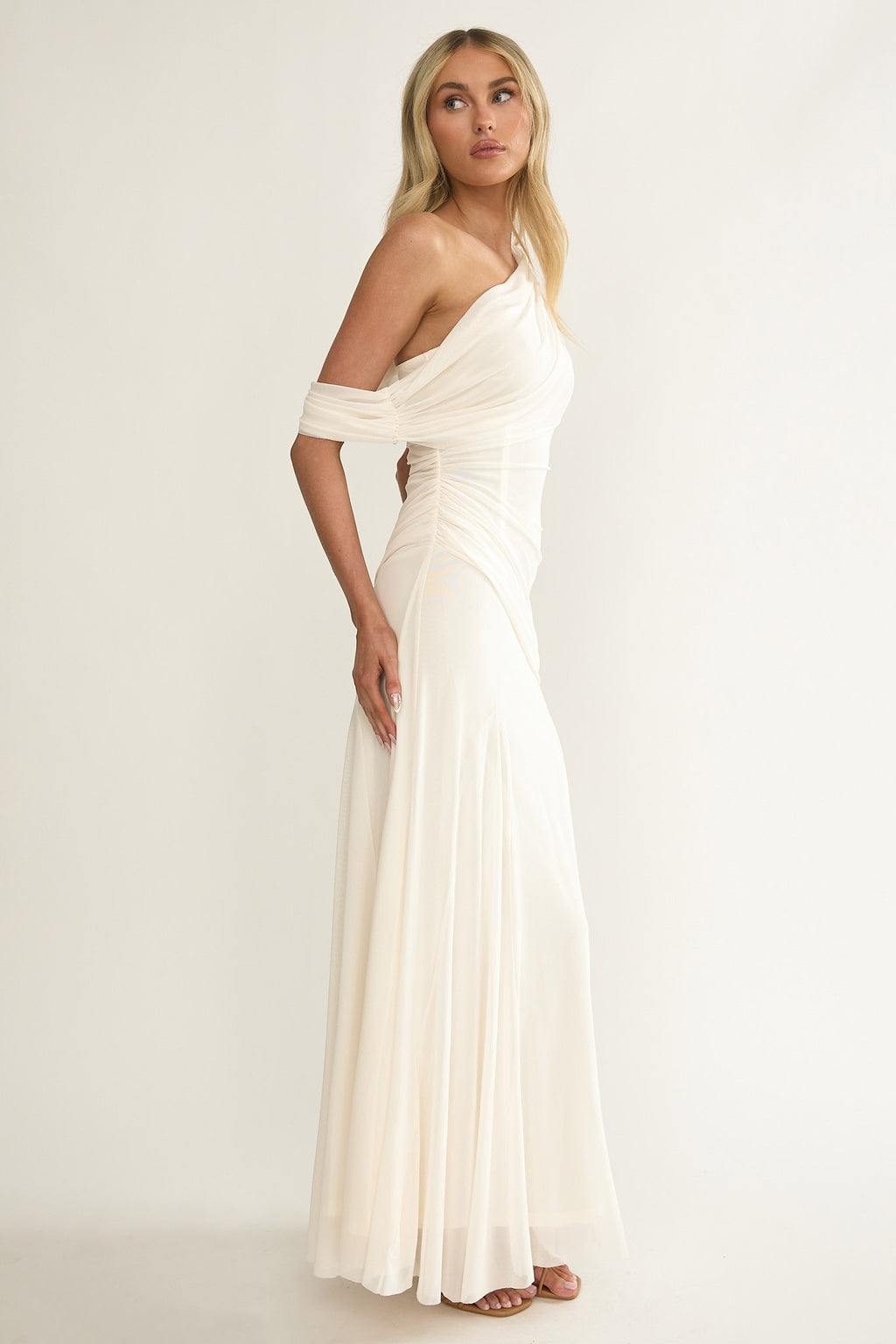 Anaisa Asymmetric Neckline Draped Maxi Dress Oyster by Selfie Leslie Australia