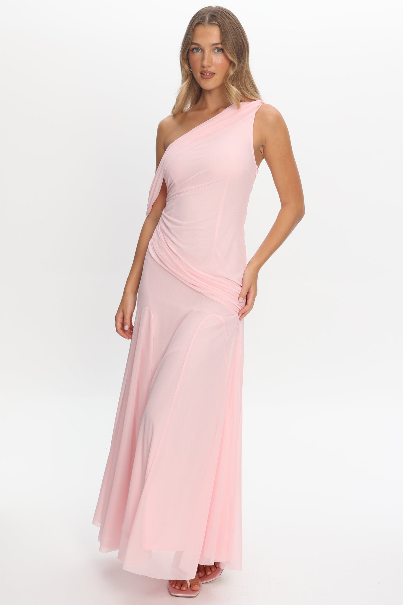 Anaisa Asymmetric Neckline Draped Maxi Dress Light Pink by Selfie Leslie Australia