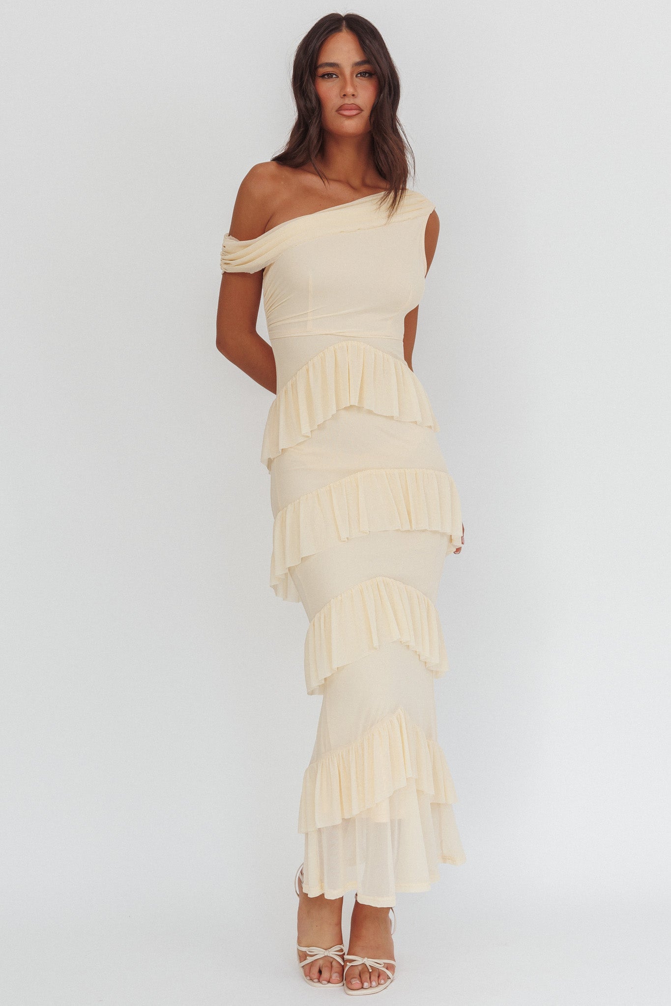 Anaisa Asymmetric Neckline Frill Maxi Dress Cream by Selfie Leslie Australia