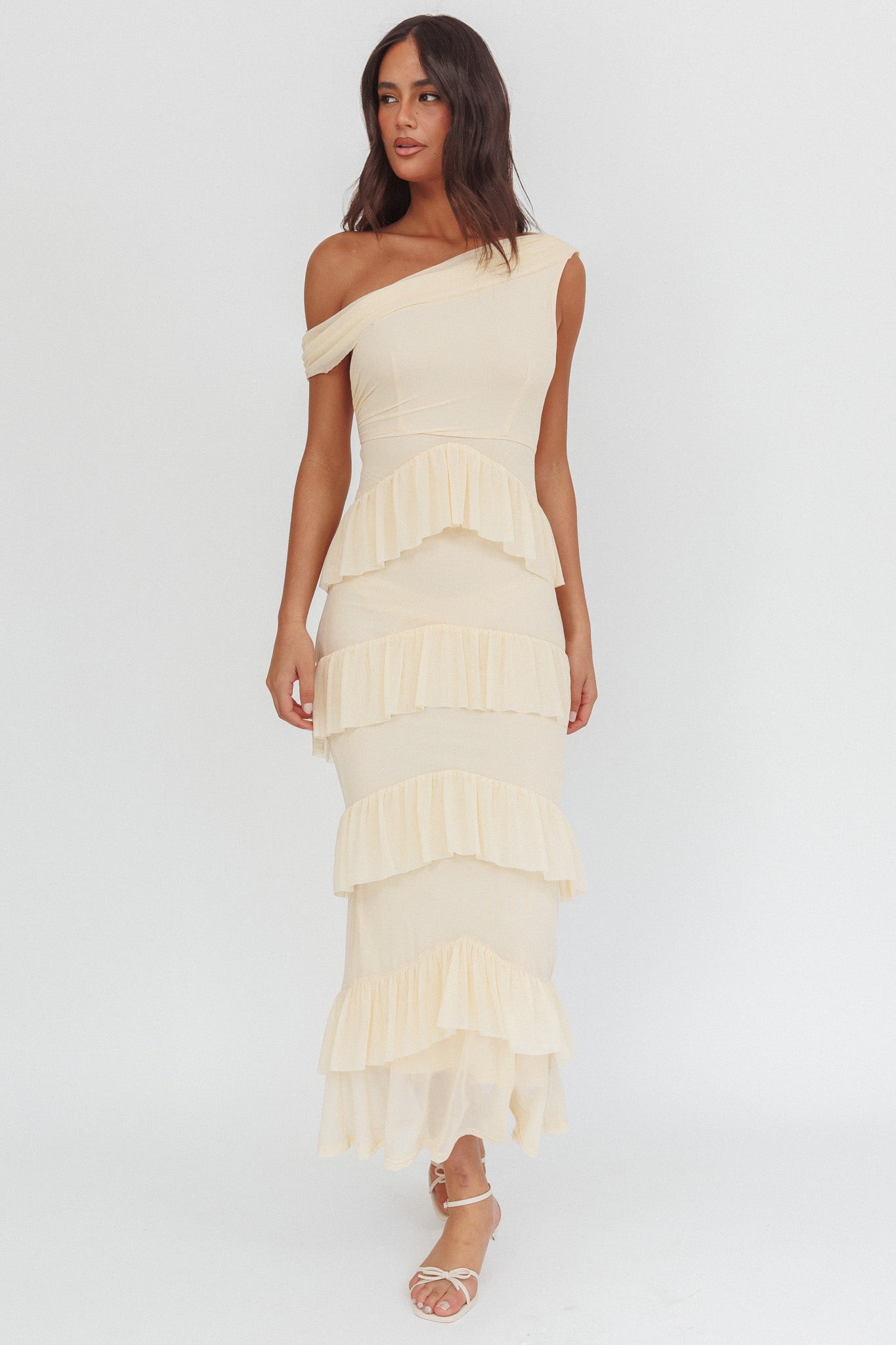 Anaisa Asymmetric Neckline Frill Maxi Dress Cream by Selfie Leslie Australia