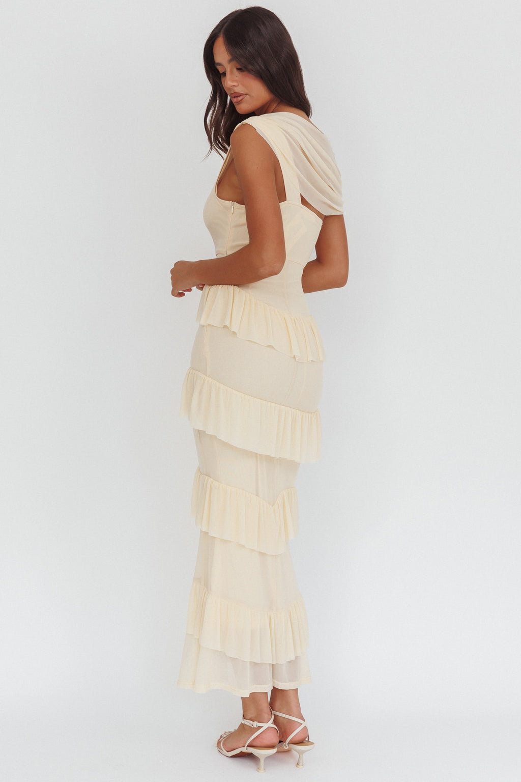 Anaisa Asymmetric Neckline Frill Maxi Dress Cream by Selfie Leslie Australia