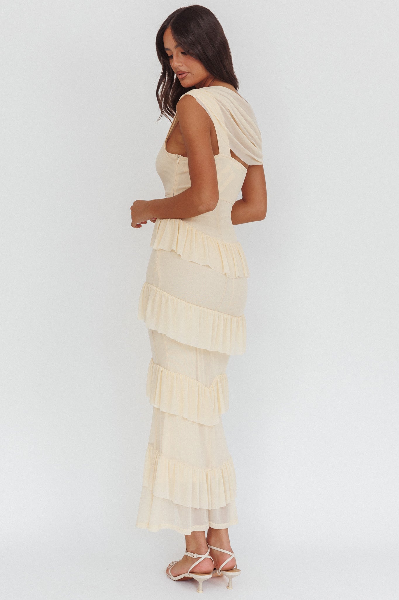 Anaisa Asymmetric Neckline Frill Maxi Dress Cream by Selfie Leslie Australia